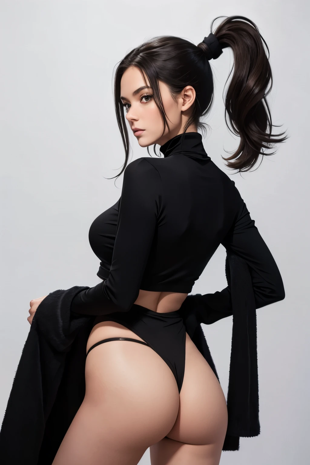 Brunette in a black turtleneck with her hair in a ponytail. black panties. full length. Portrait at a photo shoot. Completely white background