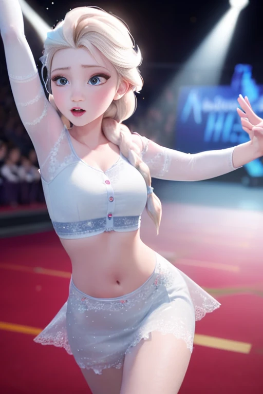 (tmasterpiece:1.4), (Best quality at best:1.4), (A high resolution:1.4), Elsa, Frozen, Elsa,  Elsa（Elsa）It&#39;s a woman standing on the stage, sexy Elsa, Frozen, Frozen stomach, physical : 有史以来最小的hason,  Milky white breasts, performance on stage, Halo HD, gracefully hason dancing pose, The wind blew her shirt, hason, 有史以来最小的hason, sexy style, hason, hason dancing, performance, her hason button is exposed