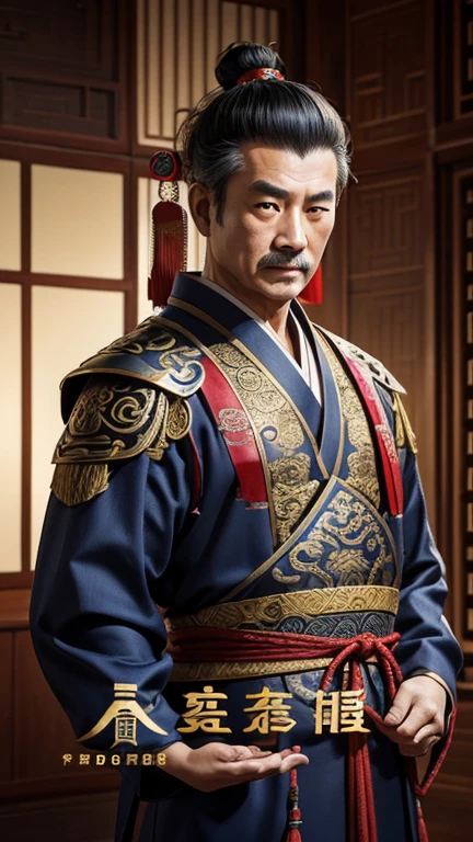 oriental、Middle-aged man wearing ancient Chinese clothes、ancient chinese hairstyle middle age、three kingdom、multiple warlords、top-quality、masterpiece、超A high resolution、(Photorealsitic:1.4)、Game Posters、Inside the building、