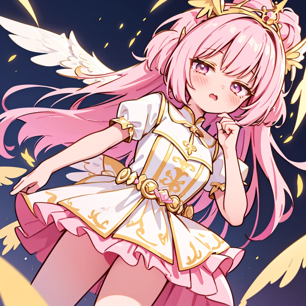 1girl,fantasy angelic pink tiara white and gold long layered frilled dress short sleeves,kawaii, heaven like background,