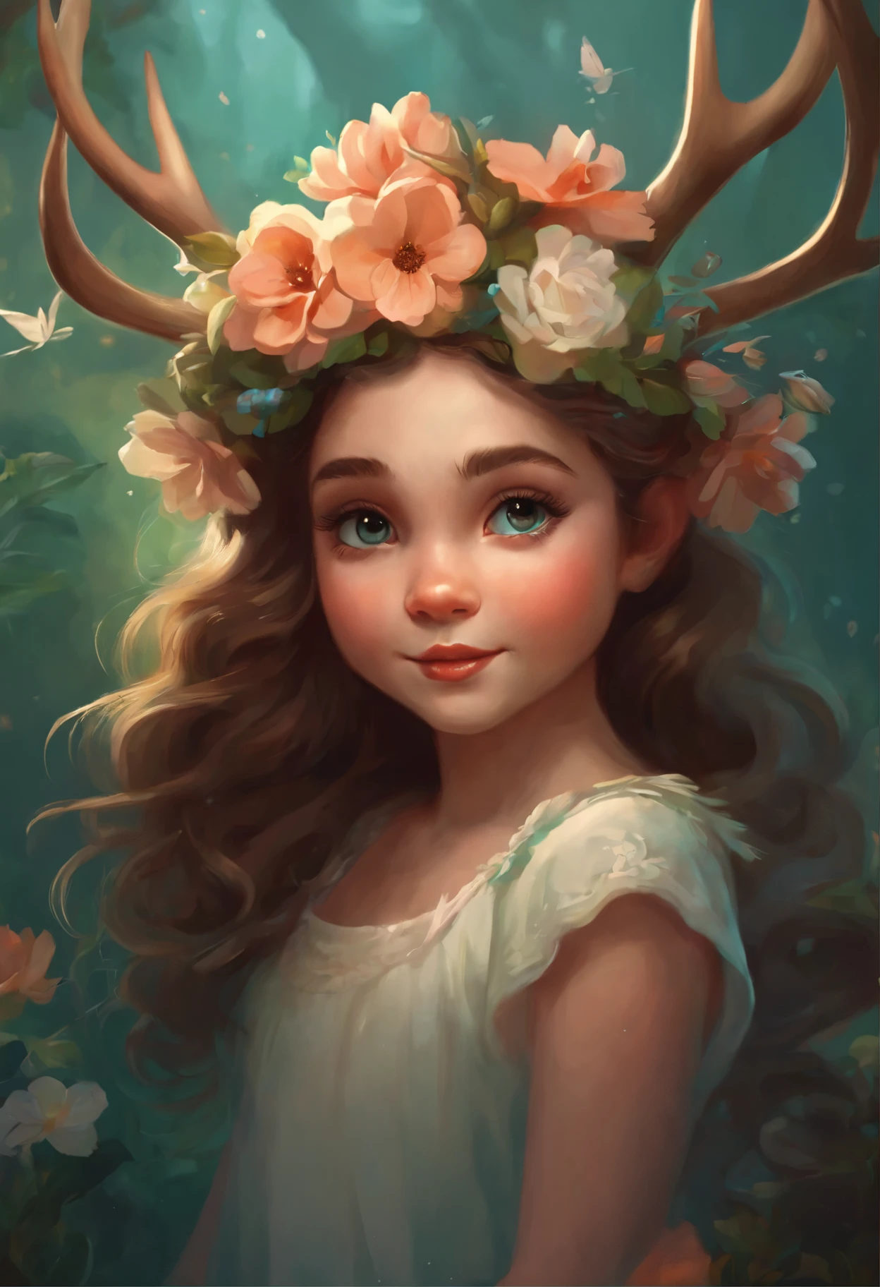 Painting of a girl with a head of deer antlers and flowers in her hair., adorable digital painting, beautiful character painting, beeple and jeremiah ketner, childrens art in artstation, fantasy portrait art, rob rey, fantasy art portrait, fantasy portrait, inspired by WLOP, loish and wlop, wlop art, portrait of a fairy
