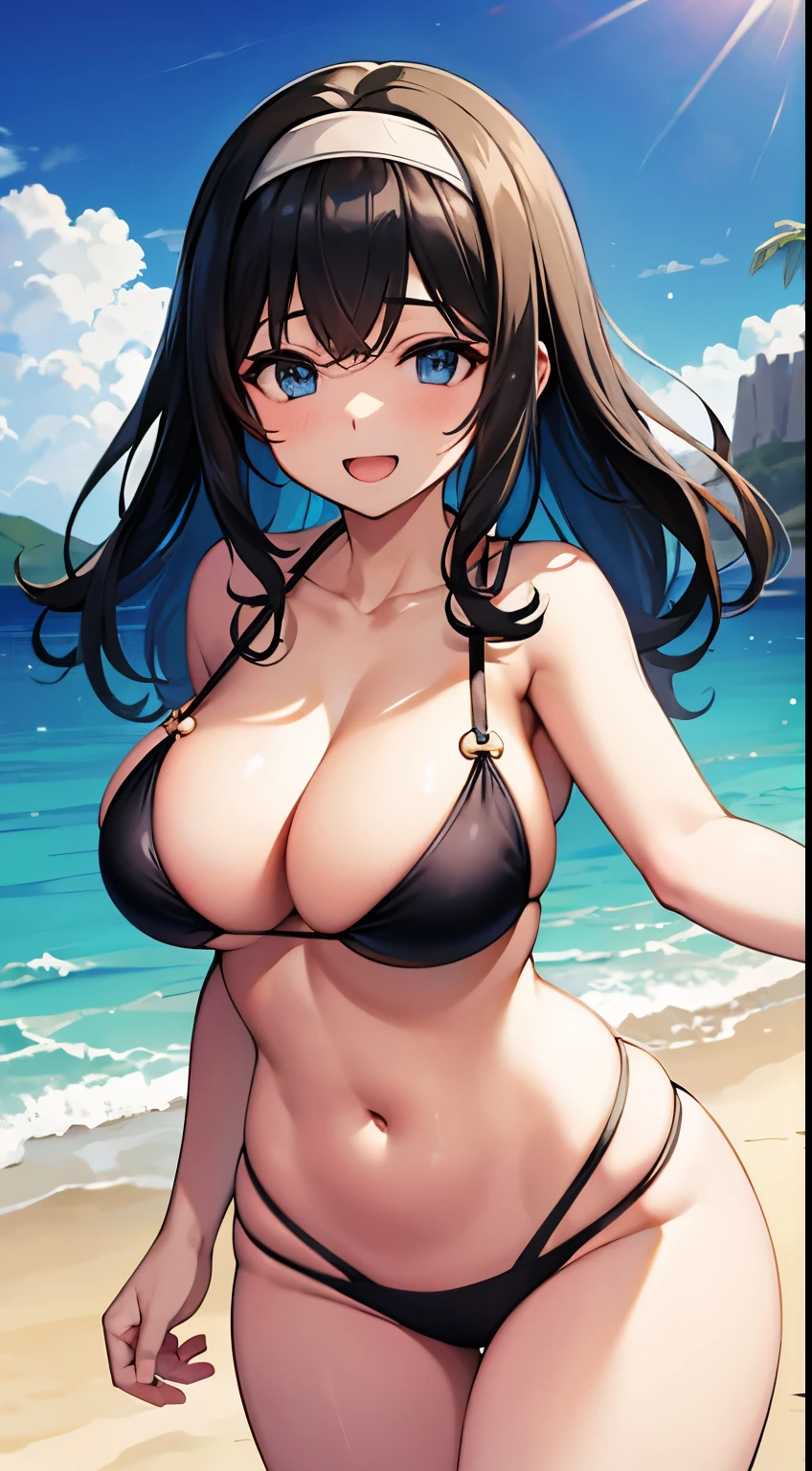 , cleavage, bikini, large breasts,, , navel, solo, beach,open mouth,cowboy shot,smile.wide hips.under boob,hair band,black hair