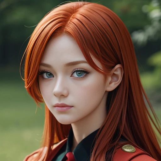 Close-up of a redhead girl, anime style, focusing on the intricate details of the face. The eyes should be a captivating green, creating a contrast with the fiery red hair. The background is of a simple, uniform color to not distract from the subject.