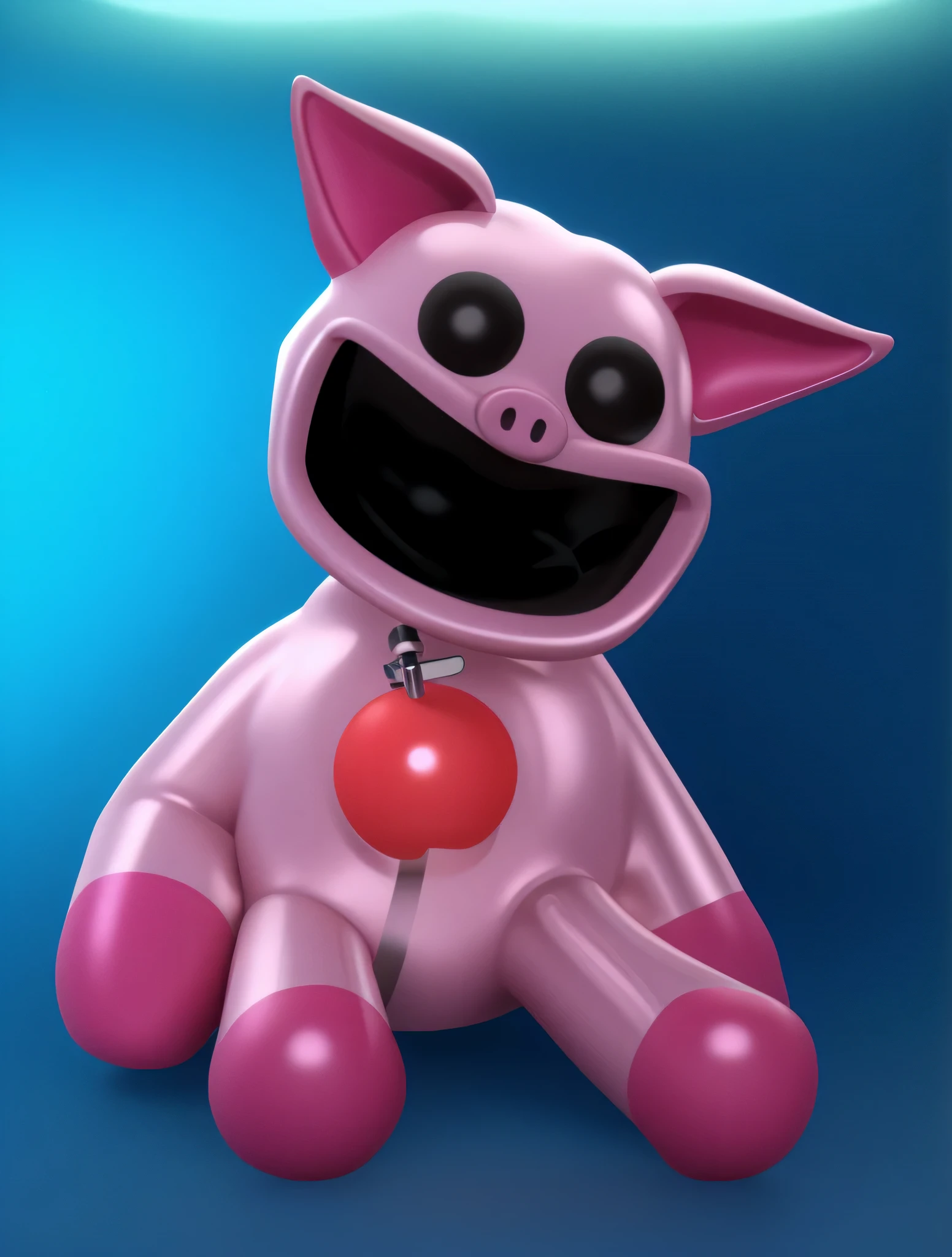pink piggy toy, toy pig sitting on floor, glossy texture, smooth 3d model, multiple light sources, rim light, sharp post effects render, (glossy metallic texture with multiple big light probe refractions), perfect cgi, cgi art created only with gradients, smooth silhouette, high intencity refraction, (super glossy chrome material), most beautiful vfx, blue background, chrome metal refractions