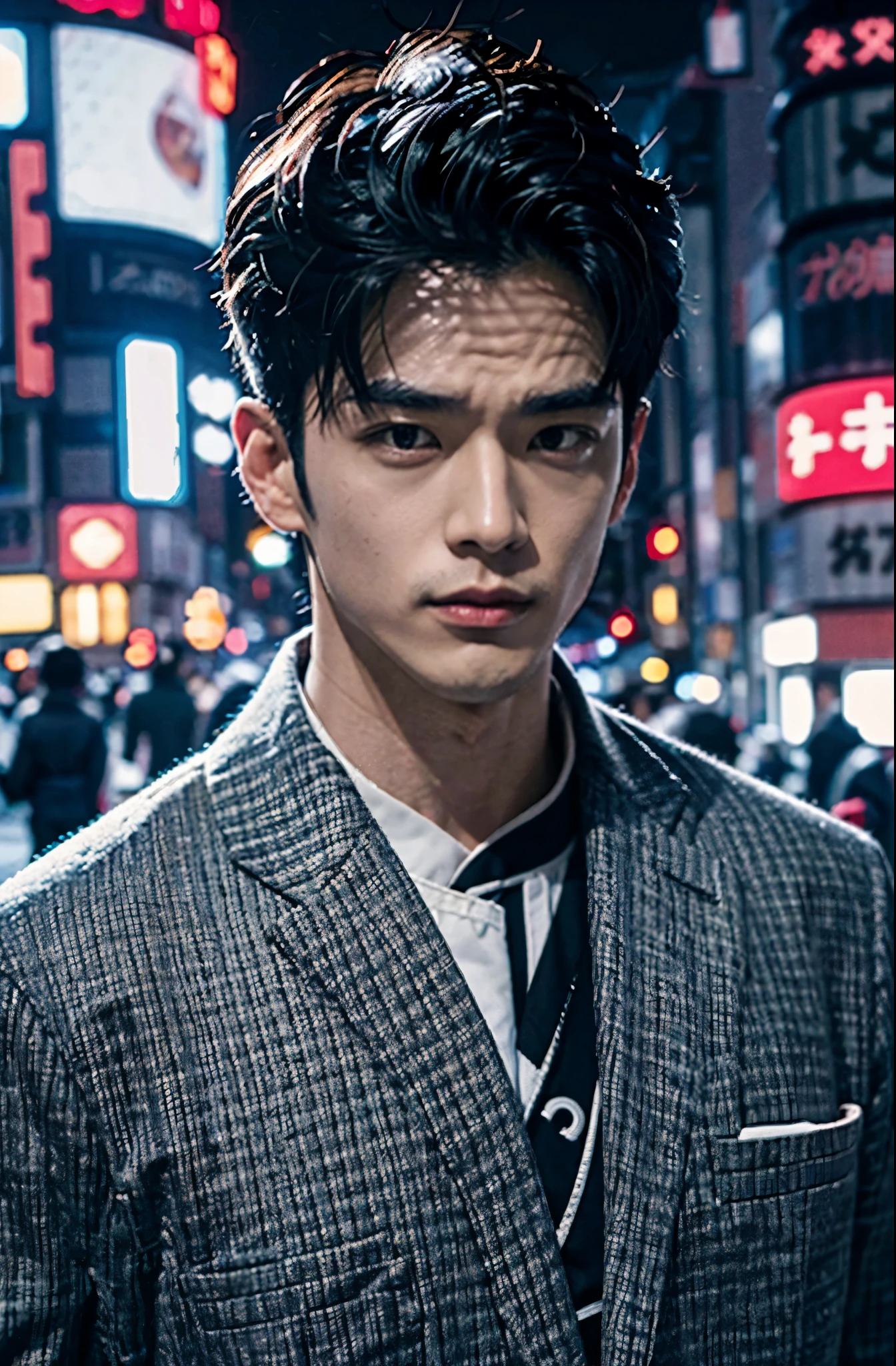 Photorealsitic, 8K full body poster, japanes, a 25-year-old man, serious facial expression, Sharp eyes, A charming expression, detailed face details, Rugged skeleton, TOKYOcty, Winters, Shibuya in the background