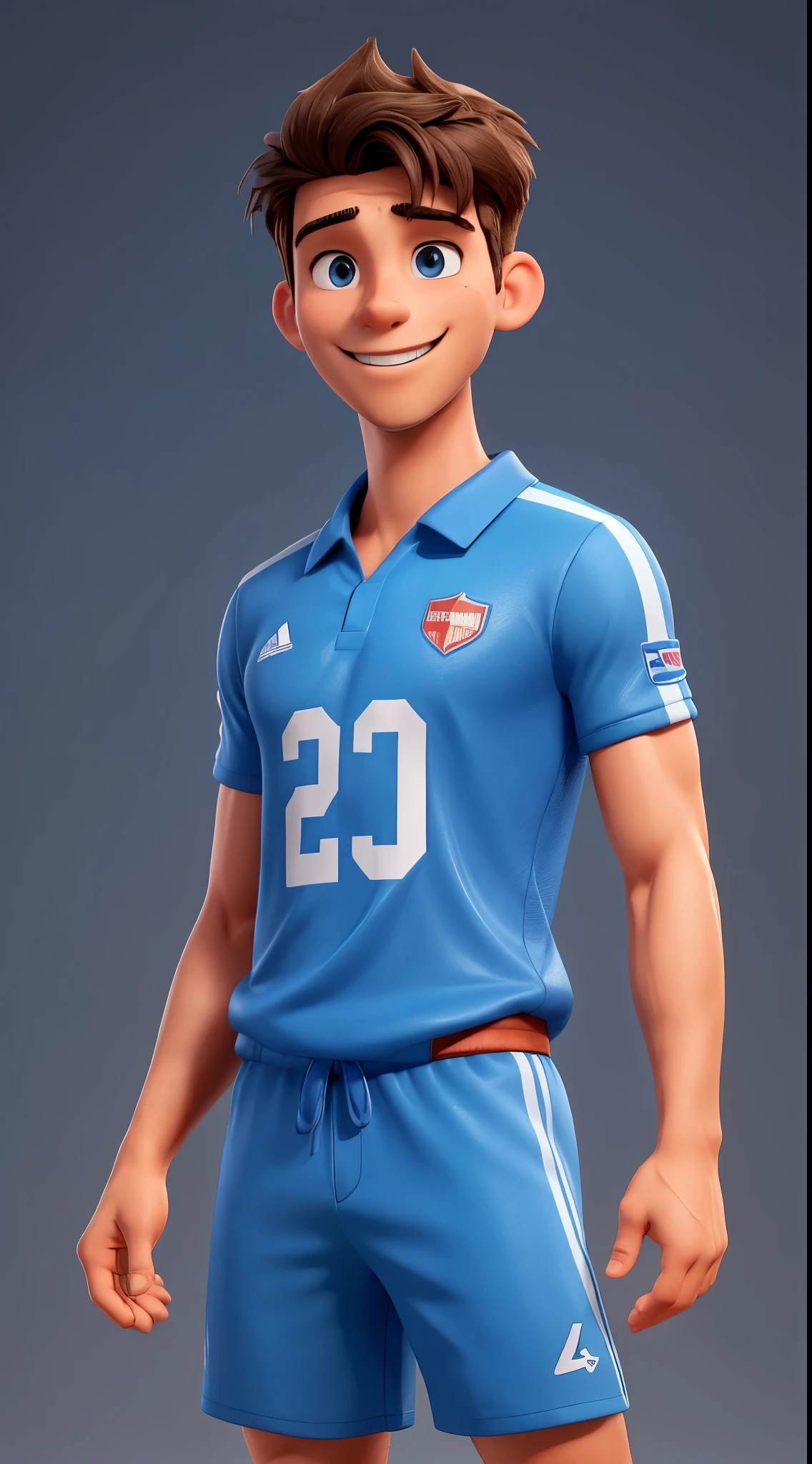 "Generate an image of a 30-year-old American young man with fair skin. He is athletic, with a healthy and handsome appearance. This young man is smiling in a friendly manner and has a positive energy. Dress him in a modern soccer uniform, suggesting that he is passionate about this sport. The pose should highlight his confidence and enthusiasm for the game. Ensure that the lighting is natural, accentuating his facial features and happy expression."