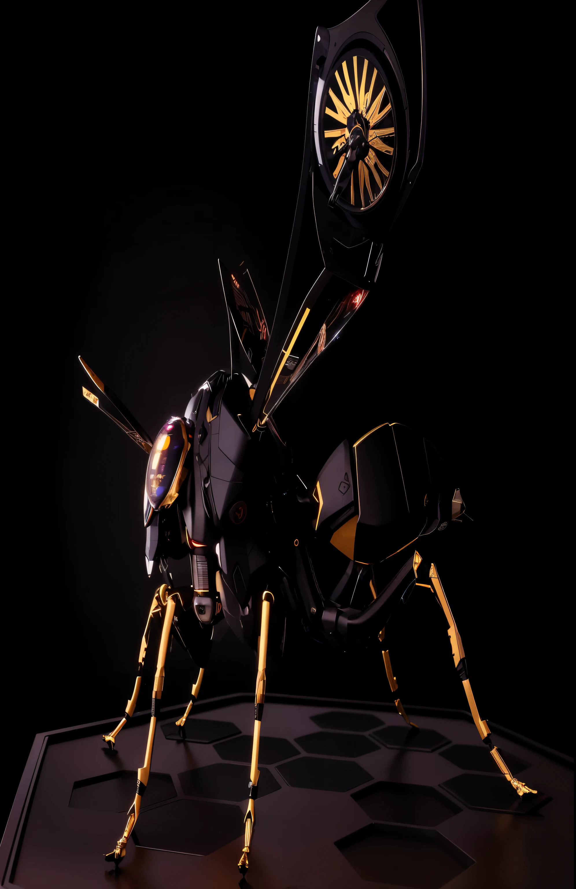 there is a large insect that is standing on a table, cyberpunk bee, biopunk cyborg wasp, cyberpunk cyborg wasp, cyborg wasp, 3d bee made of metal, 3d render of intricate wasp, steampunk insect, steampunk robot ant, intricate wasp, 3 d bee, human structure bee concept art, friendly humanoid insect robot, full of insect robots