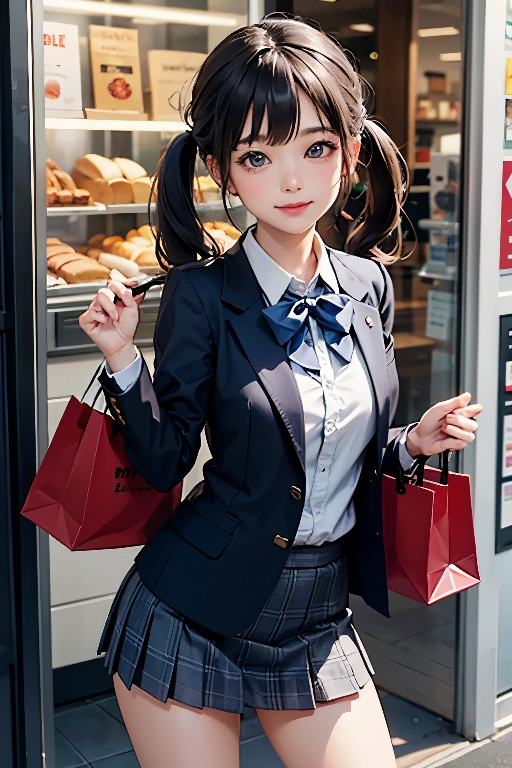 very cute and beautiful girl,(highly detailed beautiful face and eyes:1.2),
(blue blazer school uniform, pleated mini skirt),standing in front of bakery shop show window,
(smile:1.3),cowboy shot,holding school bag,dynamic angle,hair pin,black hair,low twintails,shopping street,
(best quality,masterpiece:1.2),(intricate details:1.2),extremely detailed,highres,solo,natural lighting,
hair fluttering in the wind,