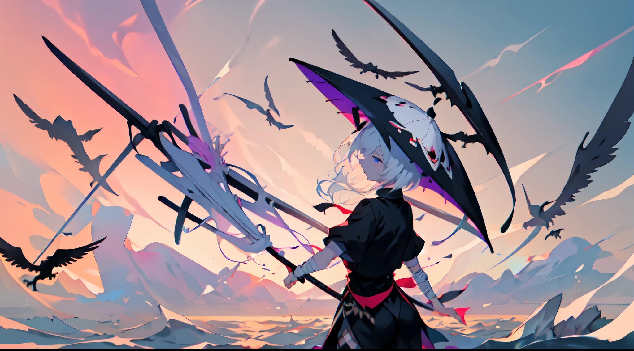 White-headed girl,komono,Blue eyes,The barefoot,White straight hair,Bandages,Dignified and elegant,Anime face,Splash blade,katana swords,Surrounded by wind,Leggings,Water streak background,Bow pulling pose,Raven bow,Black pantsuit,Umbrella cap,cawing ravens,Point water,k hd,No skirt,