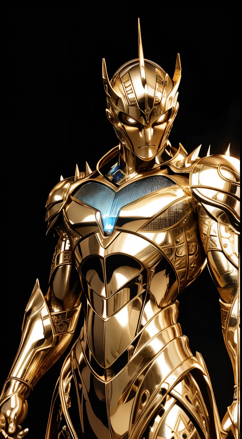 End Of The World manifests as an intricate metallic figure with an elegant silver body. Its design is adorned with intricate golden patterns that glow softly when activated. The Stand's eyes emit an intense blue light, and its limbs are decorated with crystalline structures that shine with different colors.
