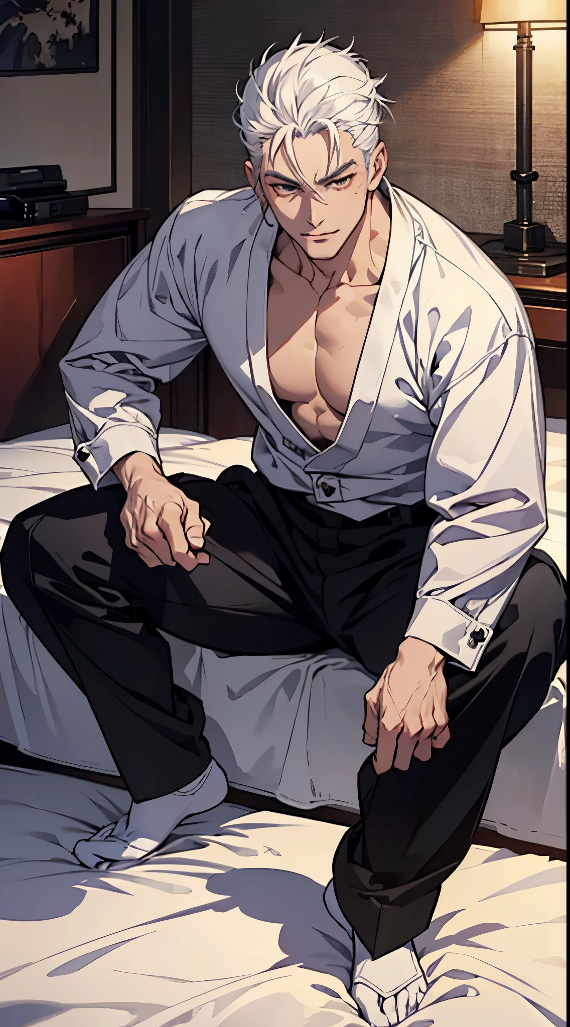 The man is a 40-year-old yakuza with white hair and an all-over look.、Sitting on the edge of the bed with legs apart and a provocative smile、