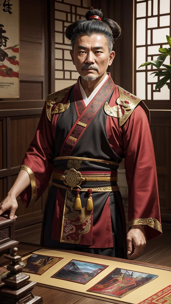 oriental、Middle-aged man wearing ancient Chinese clothes、ancient chinese hairstyle middle age、three kingdom、multiple warlords、top-quality、​masterpiece、超A high resolution、(Photorealsitic:1.4)、Game Posters、Inside the building、