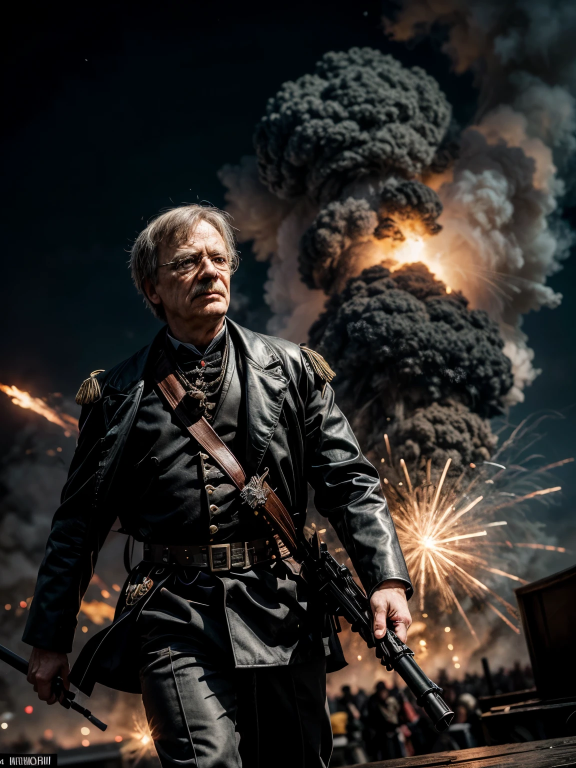 A cinematic shot of (Otto von Bismarck:1.3) in mid-air, (running out of an explosion:1.2), dramatic backdrop of fiery bursts, realisitc background, smoke tendrils, intense motion, high contrast, wide angle lens, Hollywood blockbuster vibe, dynamic pose, hero moment, action-filled scene, vibrant flame colors, impeccable timing, 4K resolution, heart-stopping capture, Leica M10, 1/125s, f/5.6, ISO 400, (masterpiece),(extremely intricate:1.2),photorealistic,(extremely delicate),ultra realistic,highly detailed,illustration,fantasy,full_shot, colourful, light, old city background