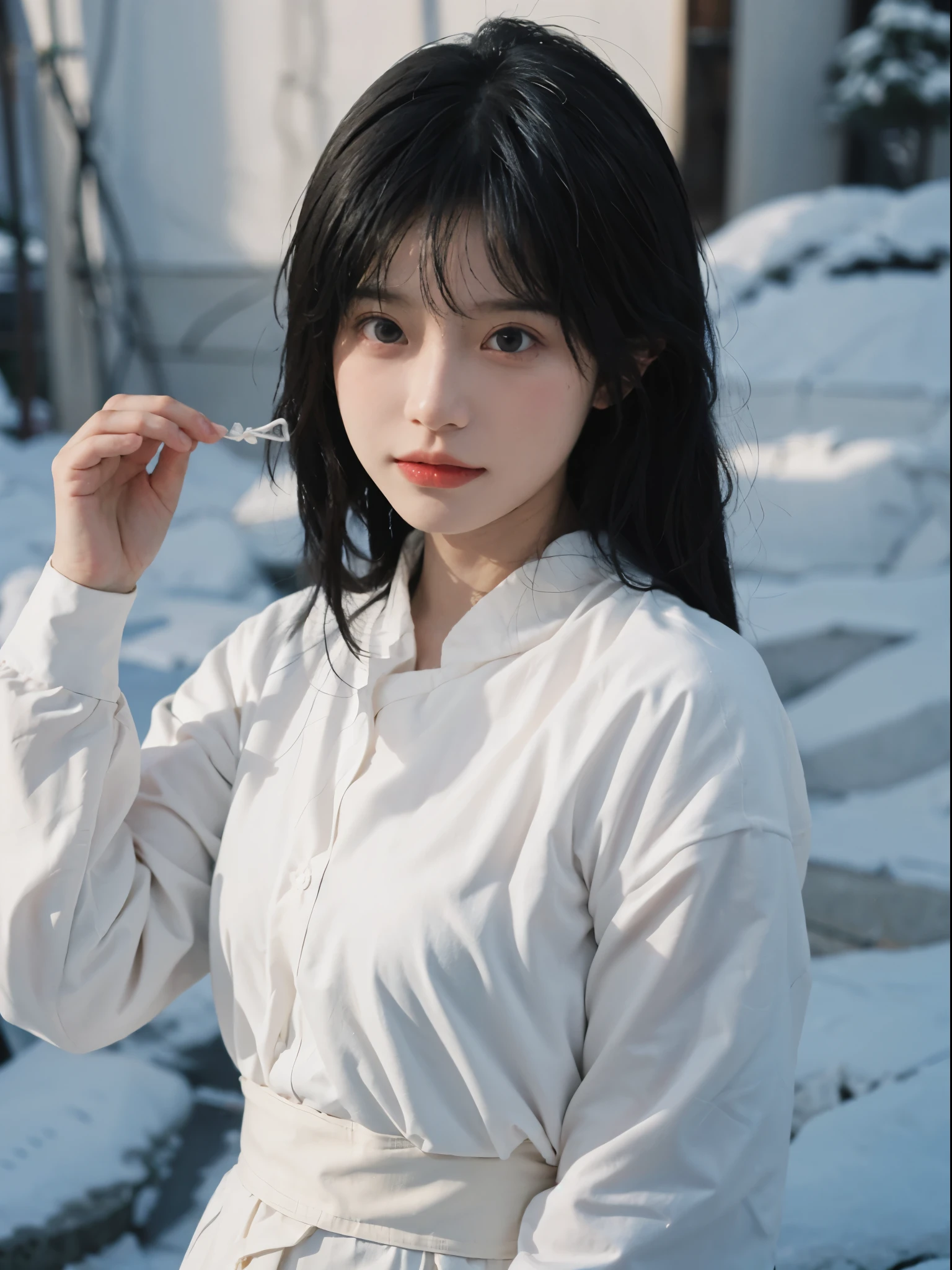 Best quality， 超高分辨率， white backgrounid，（realistically：1.4）， girl， A pair of eyes as clear as snow,Imperial sister，Black long straight， looking at viewert， close up ，