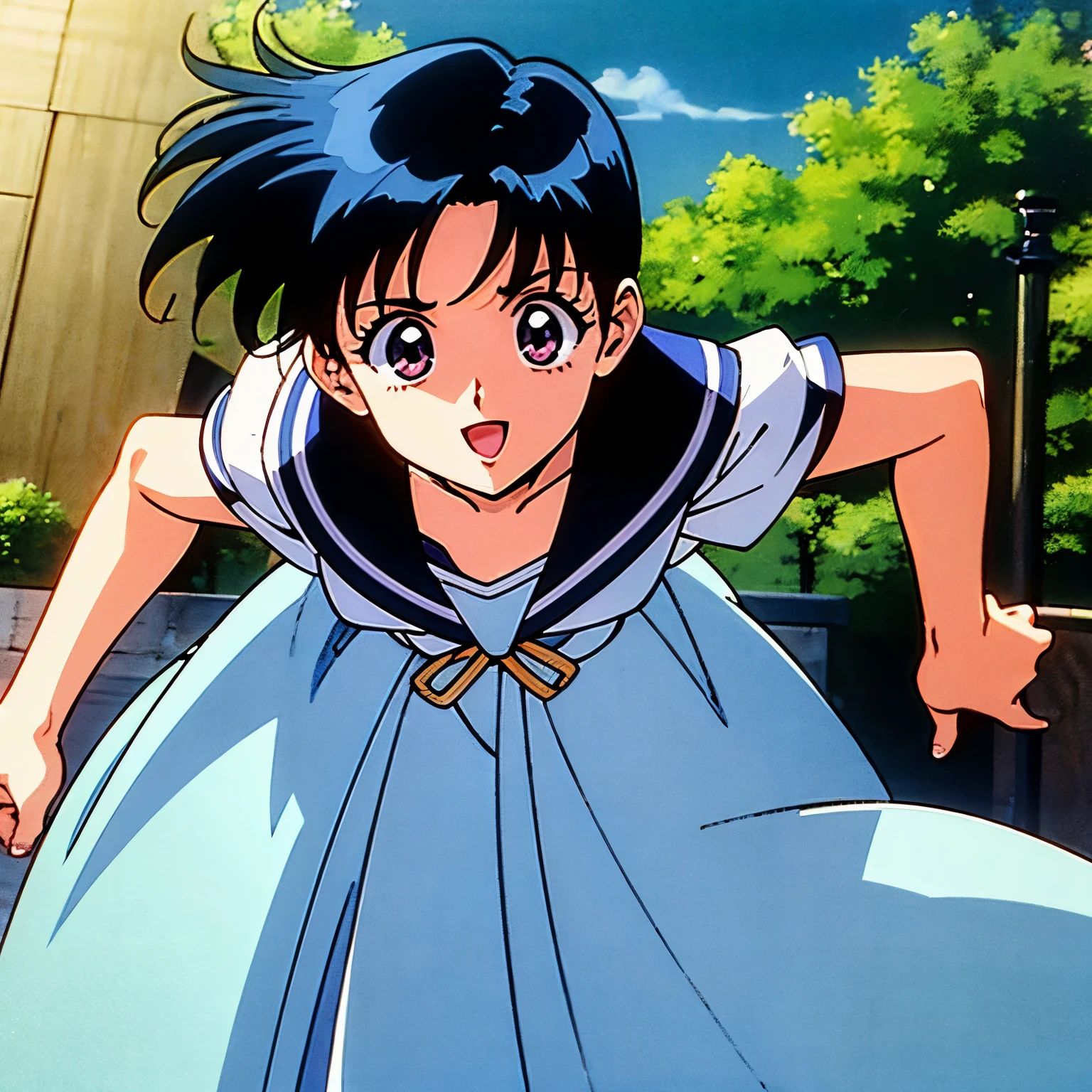 90&#39;s Japanese anime、girl with、Vigorous、a park、long  skirt、a sailor suit