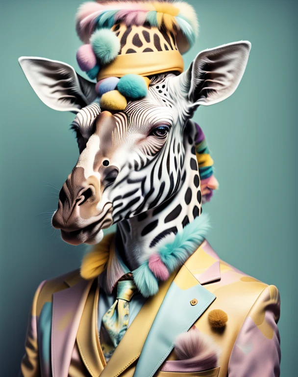 Photographic portrait, a giraffe dressed in a yellow suit and a light Turkish colorful hat, pompoms on the head and ears, with a blue background, Annabel Kidston, professional photo, A character portrait, Kitsch movement, Pastel colors