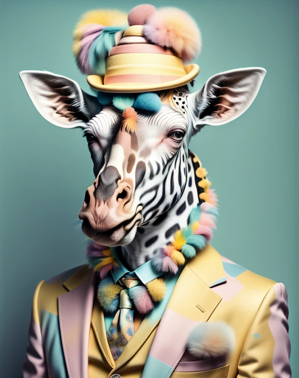 Photographic portrait, a giraffe dressed in a yellow suit and a light Turkish colorful hat, pompoms on the head and ears, with a blue background, Annabel Kidston, professional photo, A character portrait, Kitsch movement, Pastel colors