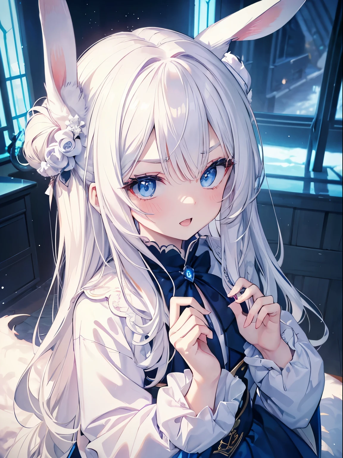 masutepiece, Highest Quality, (Perfect face:1.1), (high detailing:1.1), (ultradetailed eyes), Dramatic, superfine illustration, Extremely detailed, 1girl in, (pale skin), long white hair, Ethereal eyes, Blue eyes,tareme, (light eyebrow),blush,Solo,Smile, Happy, Laugh, Enjoy, Open mouth, Pouty lips,Cinematic lighting, looking up,learning forward,from above,rabbit ears,Long sleeve,Blue Princess Dresses, Indoor,Winter background