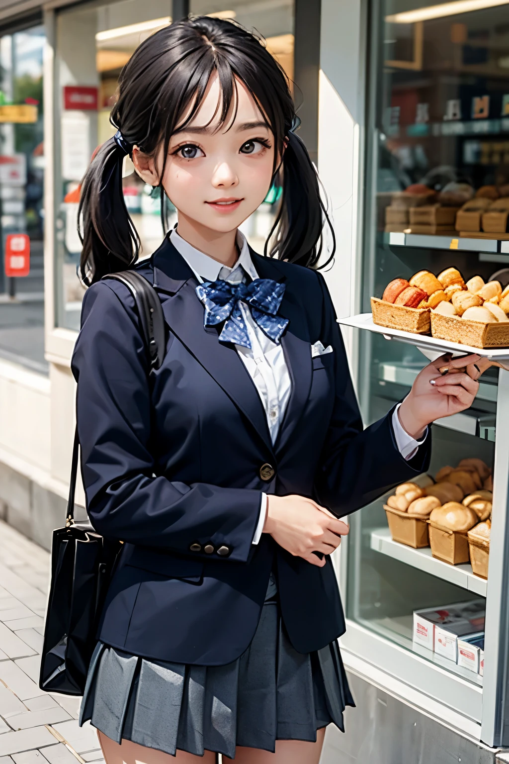 very cute and beautiful girl,(highly detailed beautiful face and eyes:1.2),
(blue blazer school uniform, pleated mini skirt),standing in front of bakery shop show window,
(smile:1.3),cowboy shot,holding school bag,dynamic angle,hair pin,black hair,low twintails,shopping street,
(best quality,masterpiece:1.2),(intricate details:1.2),extremely detailed,highres,solo,natural lighting,
hair fluttering in the wind,