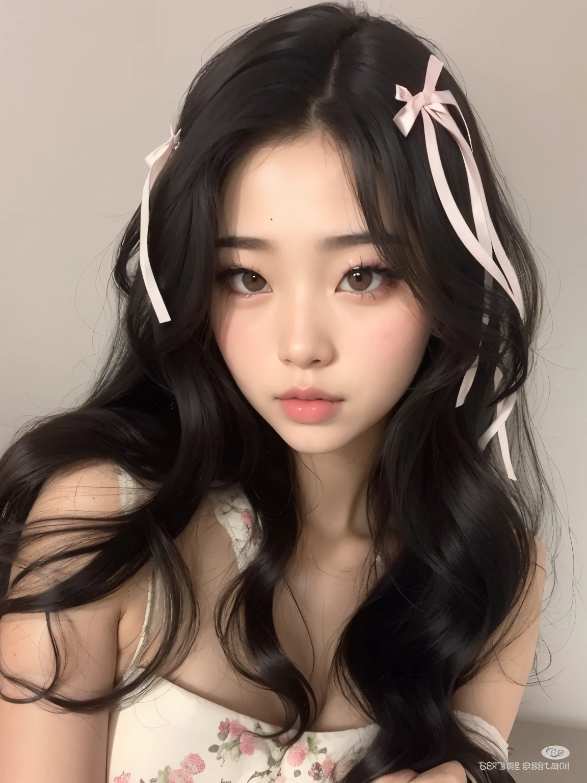 un primer plano de una mujer con cabello largo que lleva un lazo rosa, ulzzang, Chica coreana, Rasgos de la cara coreana, maquillaje popular de Corea del Sur, Wan adorable cara coreana, Joven y adorable rostro coreano, maquillaje coreano popular, cruel korean goth girl, Beautiful aesthetic face, Hermosa mujer surcoreana, con cabello largo y ojos penetrantes, Hermosa joven coreana, asian features