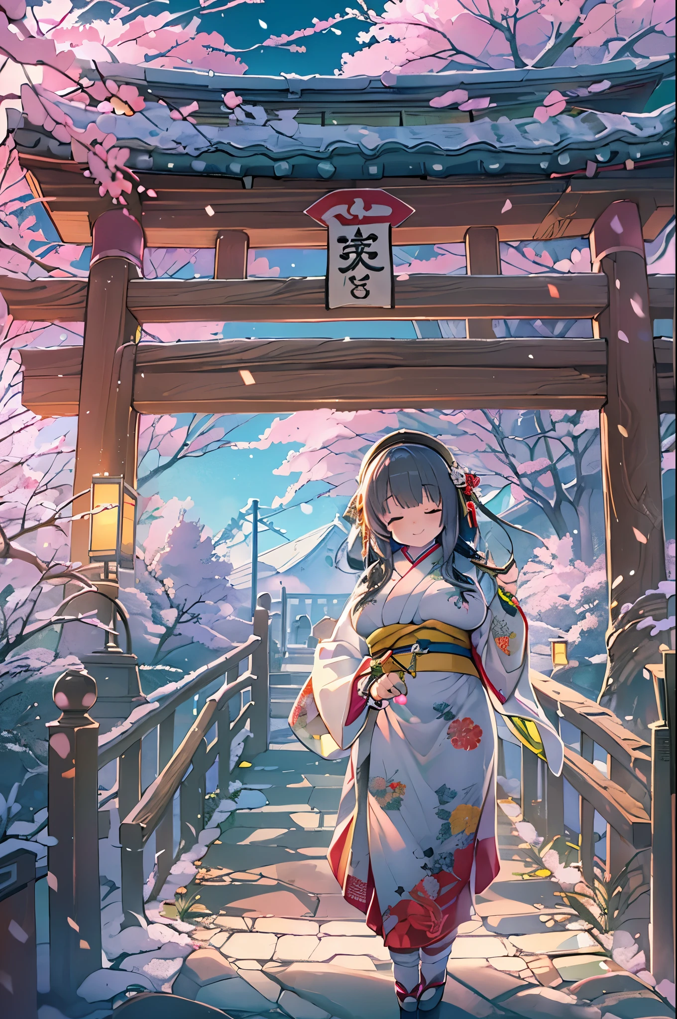 huge-breasted、kawaii、(Sunny Clothes)、torii gate,((Oblique angle))、{{close up to face}}、one eye closed、winking、A big smile、bbw、thick thight、big butts、Ultramammy, Winter days, Anime Background Art, japanese art style, beautiful anime scene,detailed scenery - width 672, Background art, Anime landscapes, Anime Background, Beautiful anime scenery, Beautiful peace scenes in anime, landscape artwork, Japan Village, Anime landscapesコンセプトアート, 8K))、New Year’s Day、1 moon