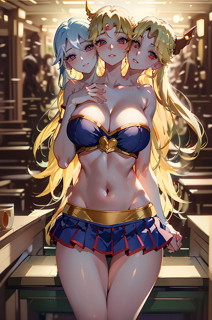 (masterpiece, best quality),best quality, (ultra-detailed), (3heads:1.4), 1girl, (hoshiguma yuugi:1.3), masterpiece, best quality, white top, crop top, ((stomach)), midriff, ((groin)), dark blue skirt, normal ears, shackles, blonde hair, very long hair, wavy hair, sidelocks, red eyes, parted lips, single horn, sweat, cute, toned belly, hand on own chest, eyelashes, (23 year old woman:1.3), (masterpiece:1.4), (best quality:1.4), (beautiful detailed), extremely detailed CG, extremely delicate and beautiful, depth of field, (finely detailed face), (perfect details:1.0), (mature female:1.3), wide pelvis, slender, large veiny breast, 8k resolution, high quality, high definition, extremely detailed, masterpiece, best quality, blonde hair, long hair, alluring presence, braid, short skirt, close up, big tits, young,