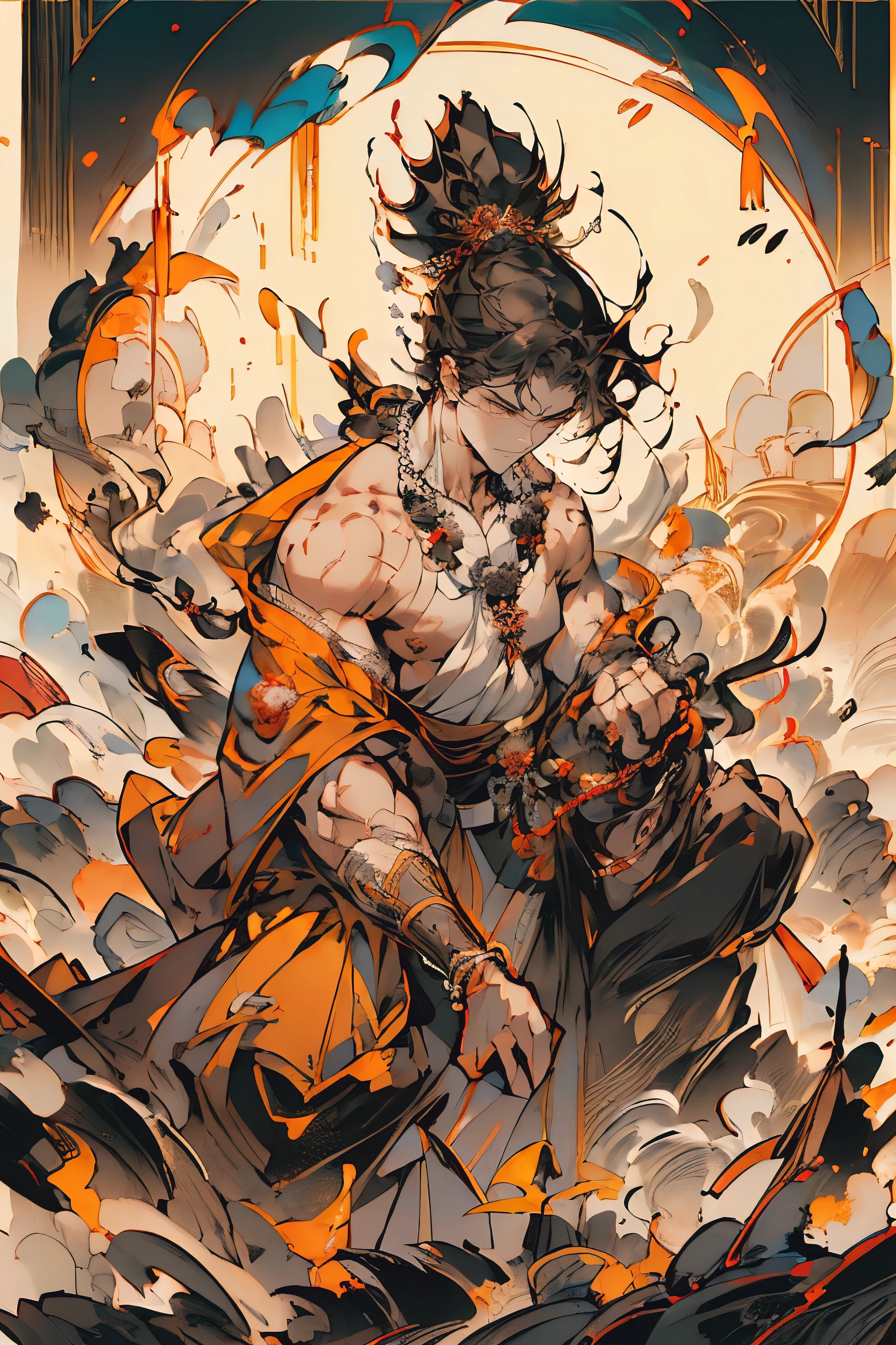 of a guy,ultra - detailed,(actual,photoactual,photo-actual:1.3 likes, , Monk's robes, only, disheveled black hair,curlies, 黑The eye, cloaks, Shaolin,prayer beads,Shredded clothes,Vajra Lux, Muscle tissue,strong, Short hair details, Background with, Alone,,ferocious , ((tmasterpiece)),Demon God,高大的Muscle tissue男, Wide shoulders,monk cassock,Vajra Lux,Muscle tissue,ferocious的