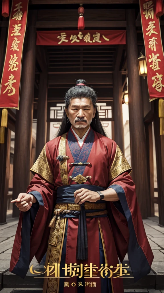 oriental、Middle-aged man wearing ancient Chinese clothes、ancient chinese hairstyle middle age、three kingdom、multiple warlords、top-quality、masterpiece、超A high resolution、(Photorealsitic:1.4)、Game Posters、Inside the building、