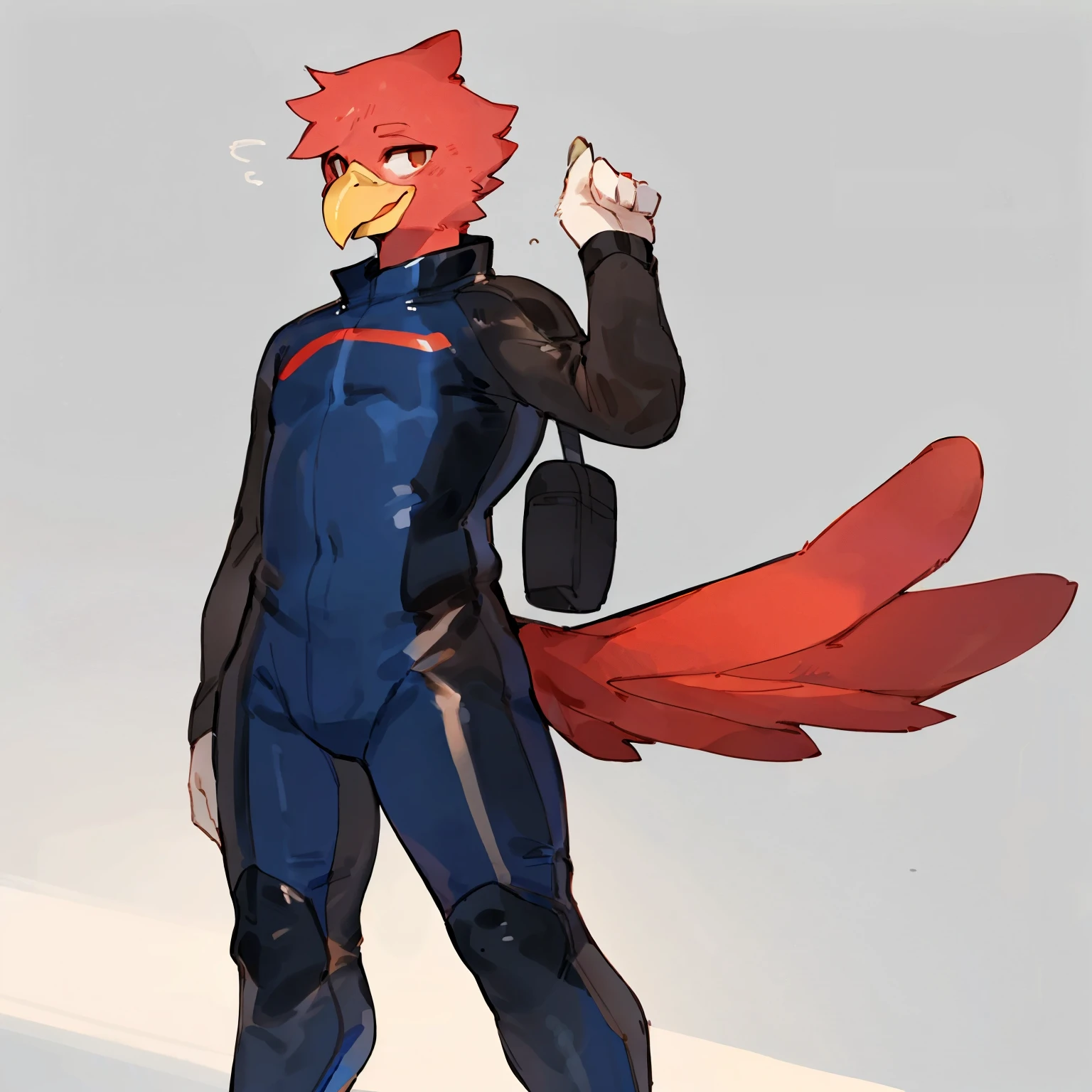 by bebebebebe, by goonie-san, by bigcozyorca, by buta99, solo, male, standing, ((hair, beak, red bird, avian), tail, skintight spacesuit