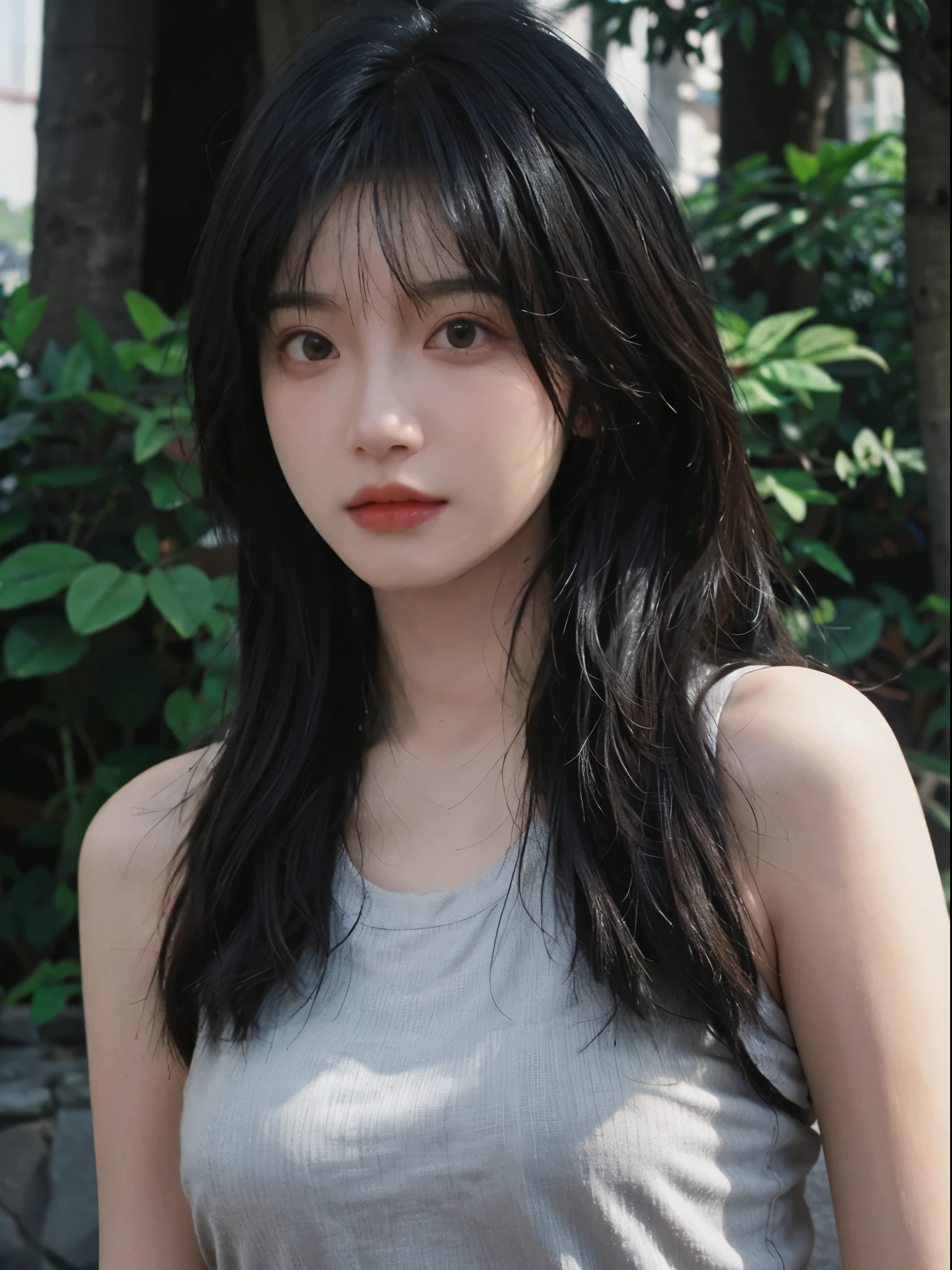 best qualtiy， 超高分辨率， （realisticlying：1.4），cute hairpin，Baoyu Girl， （flatchest：1.2），A pair of clear and moving peach blossom eyes,Royal Sister，sunshine on face，with long coiled hair，（ln the forest：1.4），（choker necklace：1.2），（Fair skin：1.4），（full bodyesbian：1.2）a sense of atmosphere，a beauty girl， ssmile，head straight-looking at viewer， closeup cleavage ，(Photorealistic:1.4),1girll,Sexy,(Upper body:1.4),(Wet body),(:1.2)