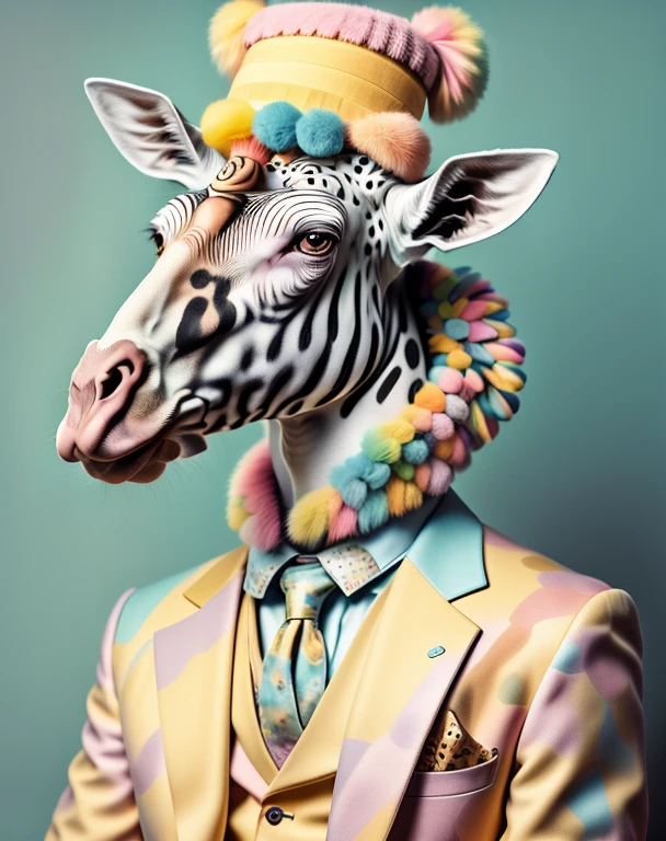 Photographic portrait, a giraffe sitting at a computer dressed in a yellow suit and a light Turkish colorful hat, pompoms on the head and ears, with a blue background, Annabel Kidston, professional photo, A character portrait, Kitsch movement, Pastel colors