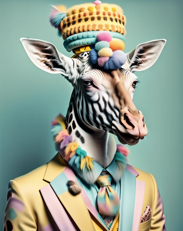 Photographic portrait, a giraffe sitting at a computer dressed in a yellow suit and a light Turkish colorful hat, pompoms on the head and ears, with a blue background, Annabel Kidston, professional photo, A character portrait, Kitsch movement, Pastel colors