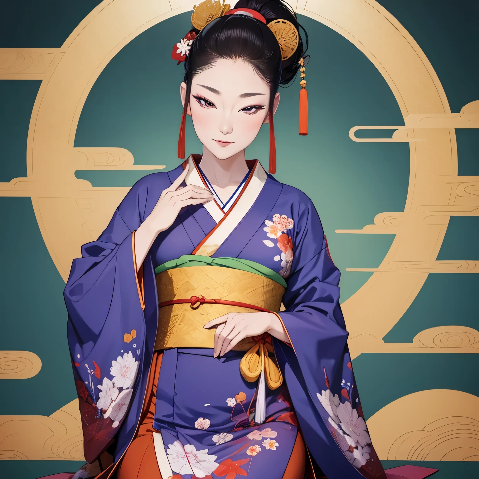 Japanese style drawing, ukiyo-e style, art, finest image, 8k, RAW photo, realistic, detailed, delicate, flashy and dynamic depiction, beautiful woman, full-makeup, happy, shy, New Year's greetings, wearing a blue, purple and orange Japanese kimono with golden embroidery, seiza, sitting straight and bowing her head, her hair beautifully styled, background Japanese room