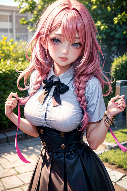 (best quality,4k,8k,highres,masterpiece:1.2),pink hair,short braided hair,beautiful big breasts,girl's eyes are beautifully detailed and expressive,girl's lips are beautifully detailed,ultra-detailed,realistic,wearing school uniforms,playfully enjoying the moment,colorful and vibrant,soft natural lighting。Pick up lost and found items。