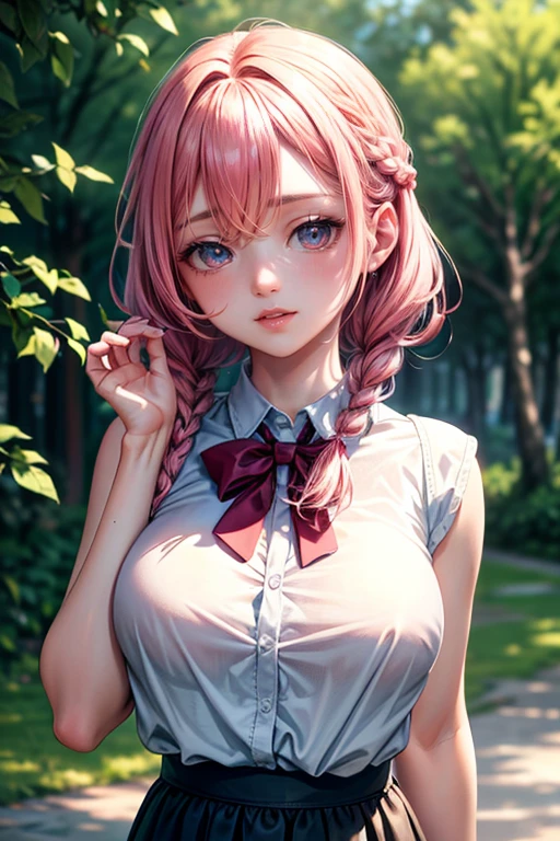 (Masterpiece, BestQuality:1.3), (ultra detailed:1.2), (hyperrealistic:1.3), (RAW photo:1.2), High detail RAW color photo, professional photograph, (Photorealistic:1.4), (realistic:1.4), (Pink Hair:1.5), professional lighting, perfect anatomy, (Big Breasts:1.2), (blush, detailed face), (A happy smile:1.7), Trending Hair&Trending Hairカラーをランダムに, earrings, necklace, bracelet, sexly, erotic sexly, Random sexy gravure poses, (Sexy beauty in a white tank top and shorts、Rural landscape、Bright smile、ponytail、Sitting on the fence pose。:1.3)