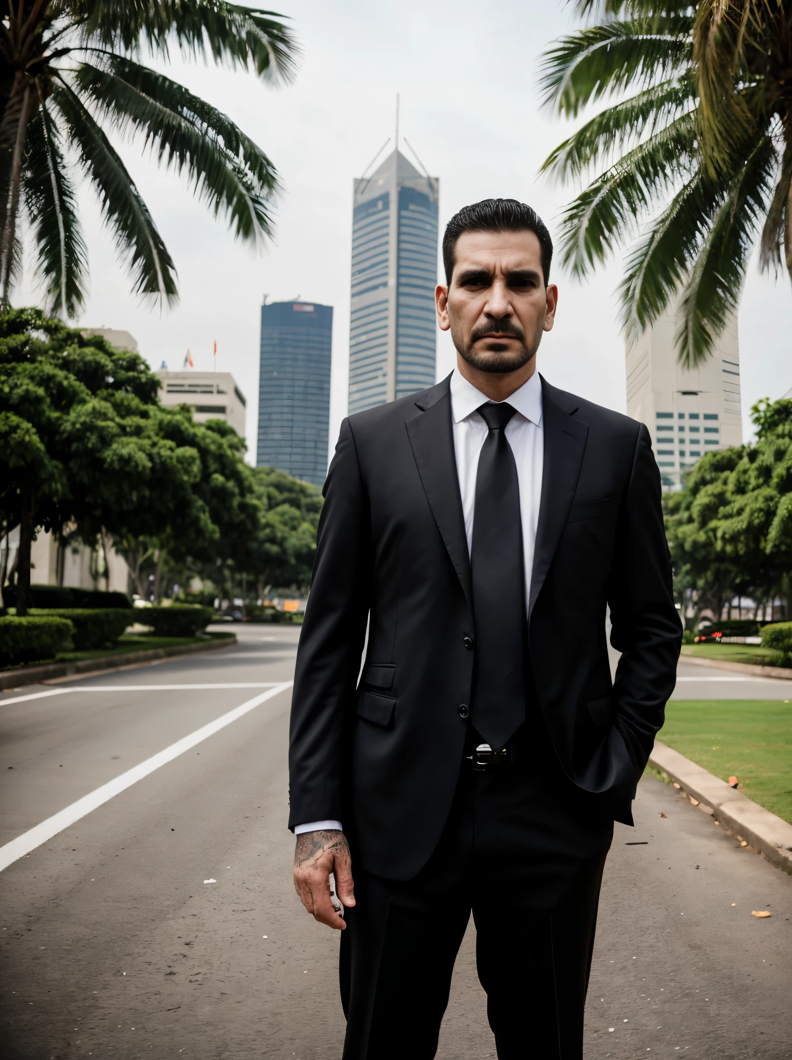 punisher portrait photo of a punisher wearing black suit and black suit with white big skull logo, shooting a shootgun in the parking lot with the jakarta monas and office building and palm trees in the background, high quality, very sharp, professional photography