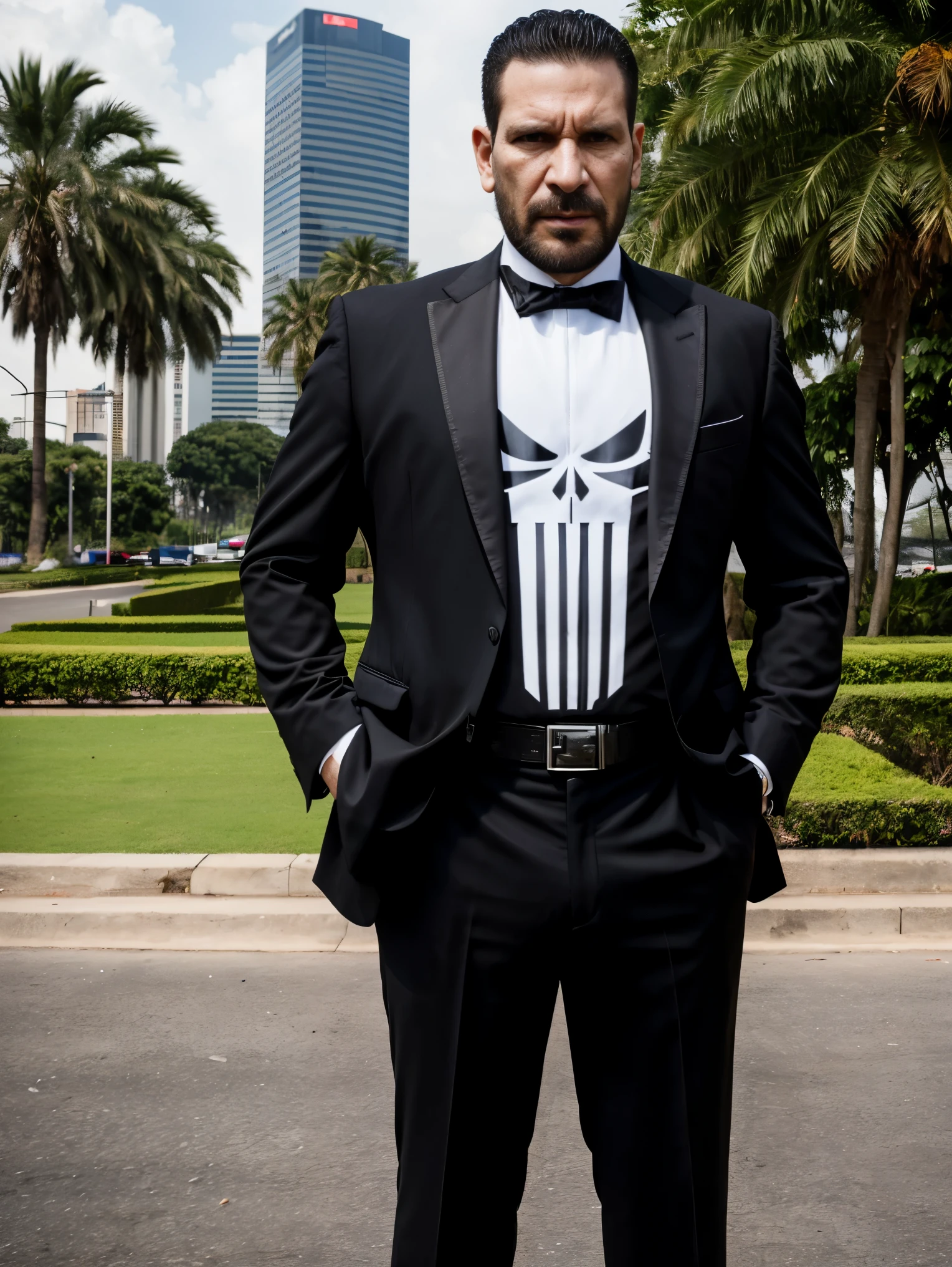 punisher portrait photo of a punisher wearing black suit and black suit with white big skull logo, shooting a shootgun in the parking lot with the jakarta monas and office building and palm trees in the background, high quality, very sharp, professional photography