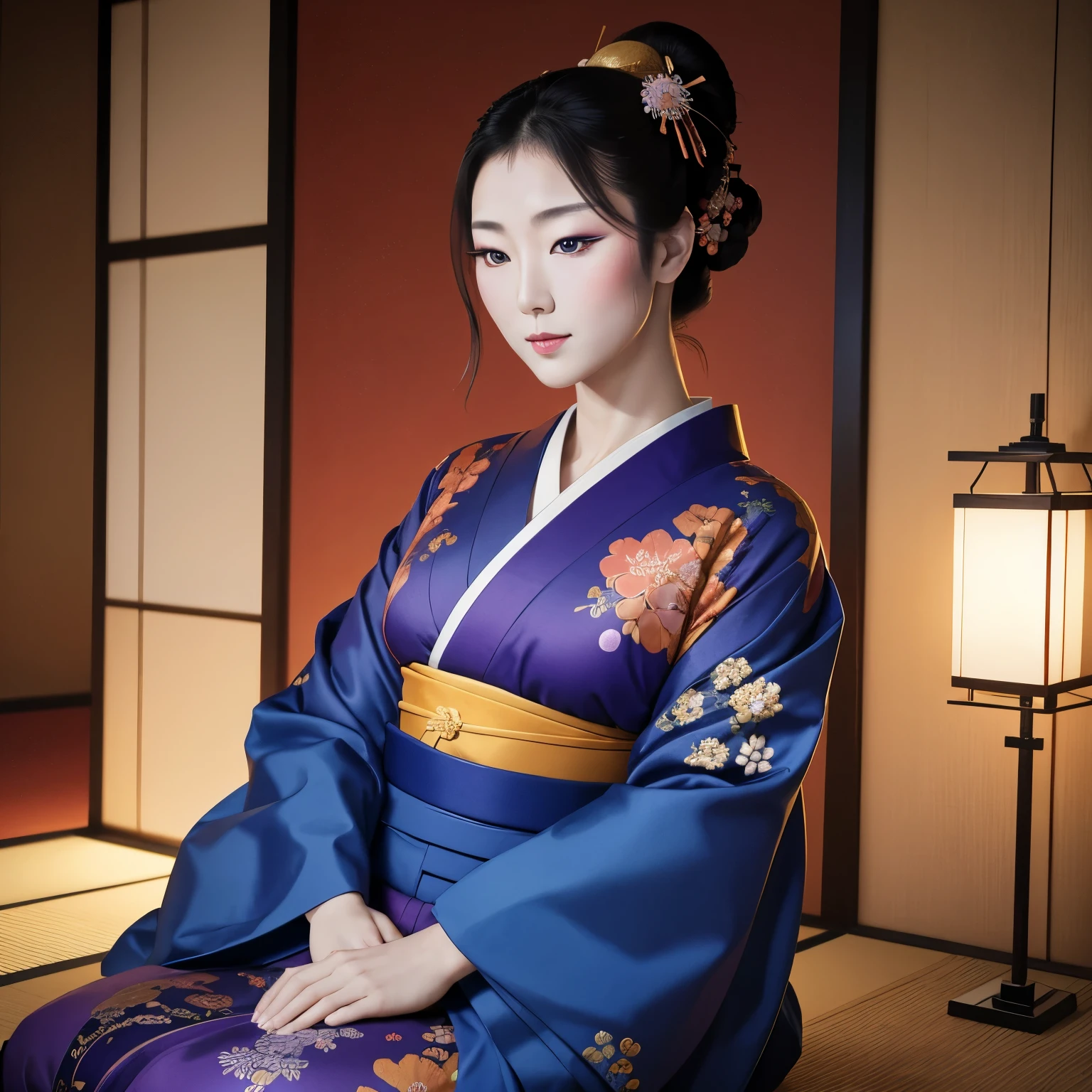 Japanese style drawing, ukiyo-e style, art, finest image, 8k, RAW photo, realistic, detailed, delicate, flashy and dynamic depiction, beautiful woman, full-makeup, happy, shy, New Year's greetings, wearing a blue, purple and orange Japanese kimono with golden embroidery, seiza, sitting straight and bowing her head, her hair beautifully styled, background Japanese room