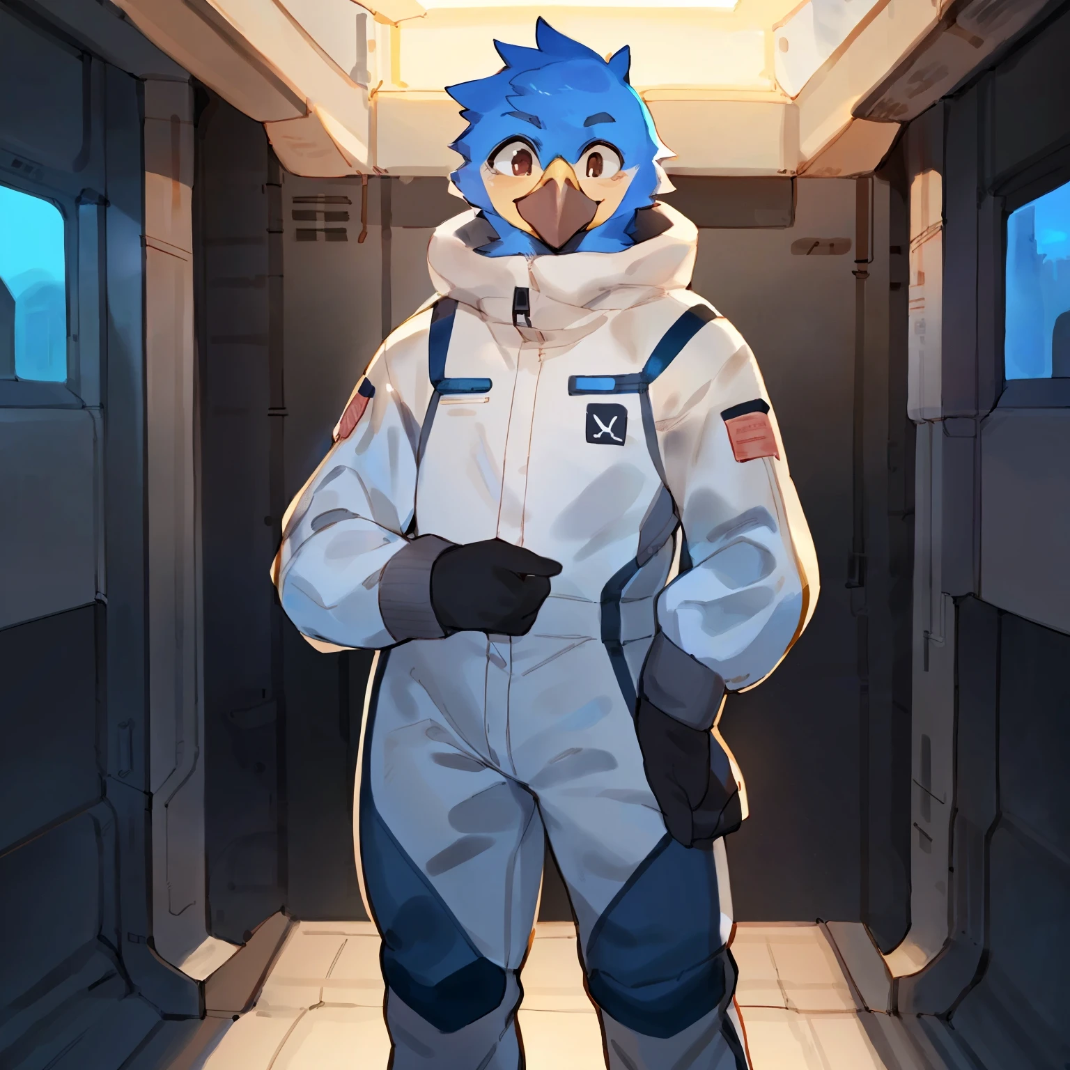 by bebebebebe, by goonie-san, by bigcozyorca, by buta99, solo, male, standing, ((hair, beak, bird, avian), tail, fig colored spacesuit