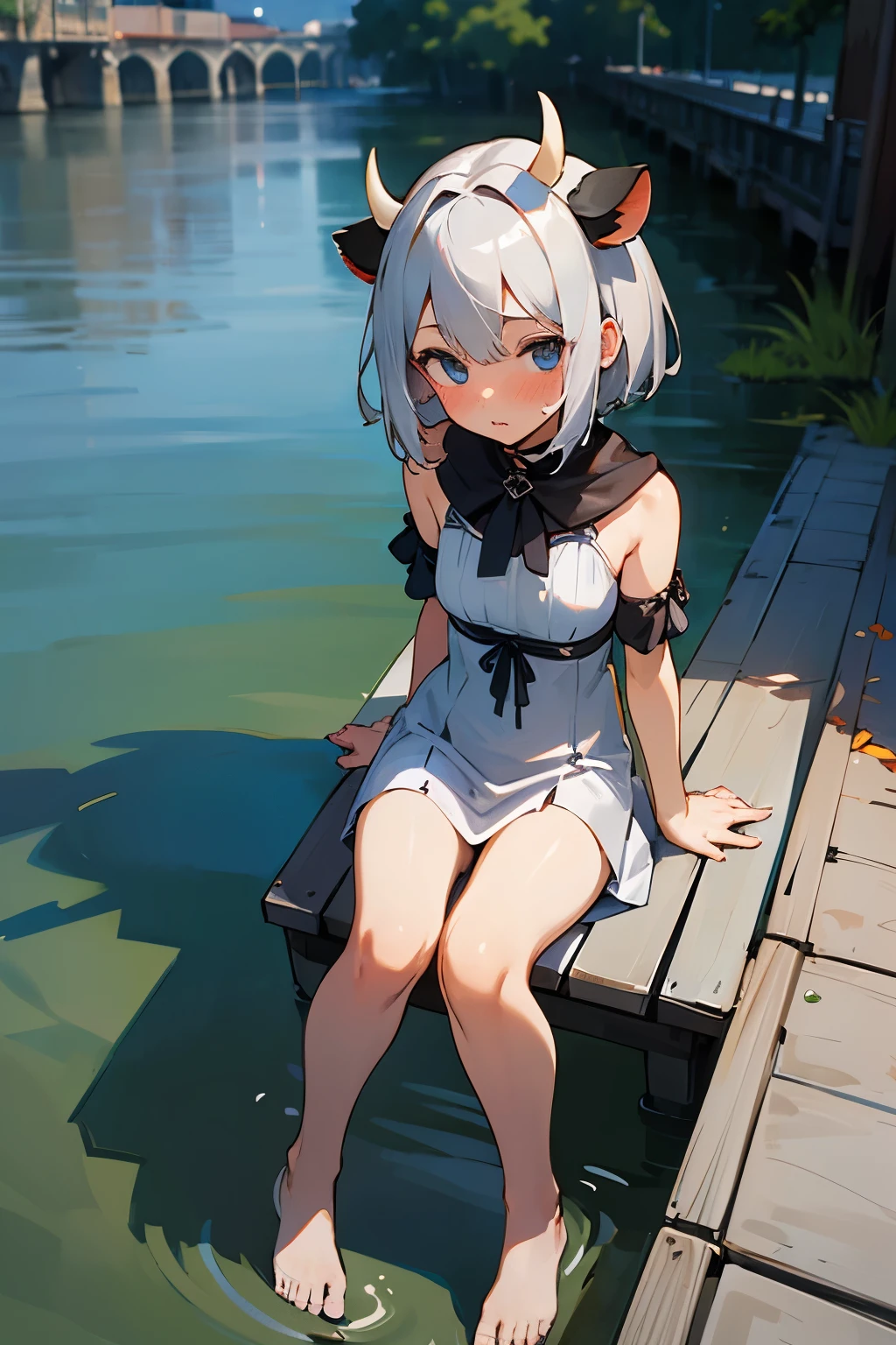((masterpiece)), (best quality), from above, (outdoor), (cow costume), cute teenage girl, blush, short silver hair, short silver dress with straps, thin legs, (sitting on edge of bridge), (open legs wide), barefoot, (dusk), townscape