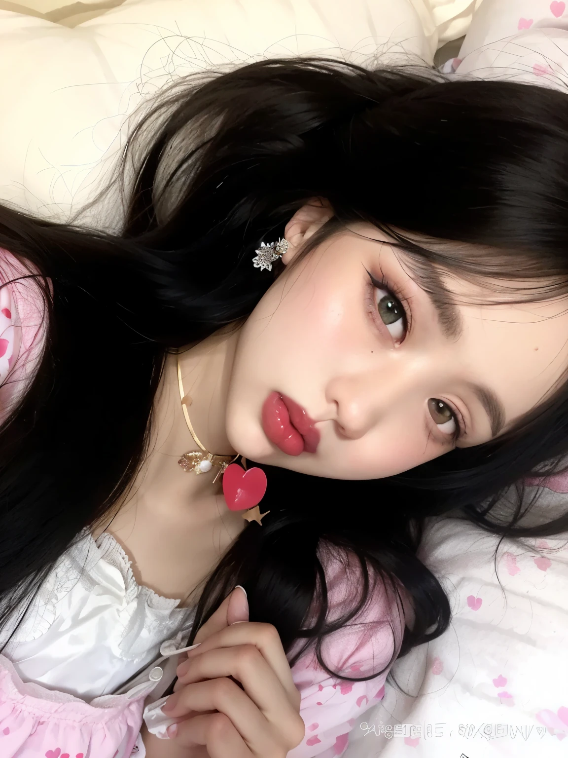 There is a woman lying in bed with a red heart on her tongue., ulzzang, cruel korean goth girl, Small heart-shaped face, Retrato realista kawaii, Wan adorable cara coreana, pale snow white skin, Beautiful aesthetic face, Linda chica kawaii, Labios claros y de alta calidad, chica linda-fina-cara, her face looks like an orchid