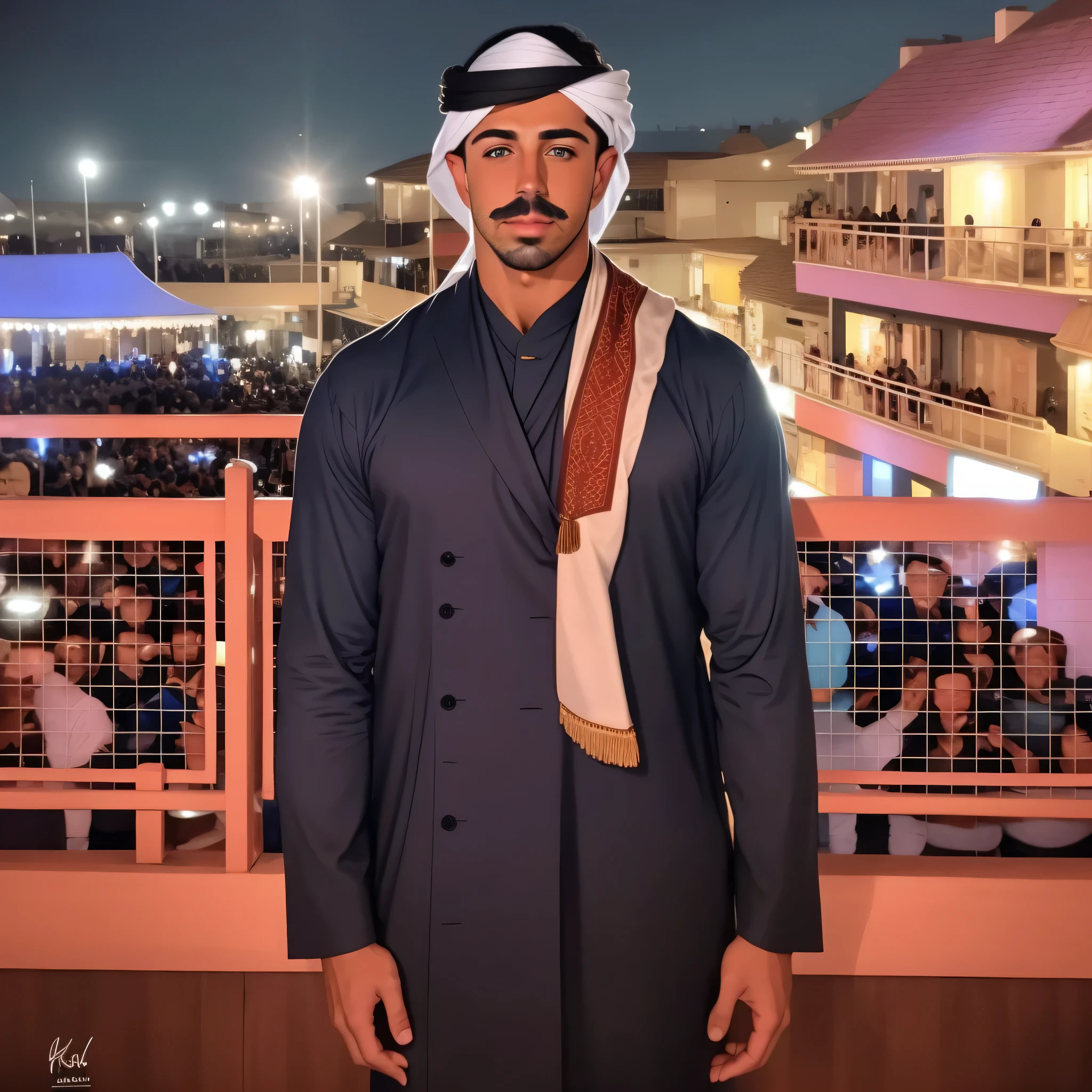 faaris azura dressed in traditional clothing standing in front of a crowd, handsome blue eyed faaris azura, arab faaris azura standing watching over, taken in the night, arab faaris azura, handsome faaris azura with blue eyes