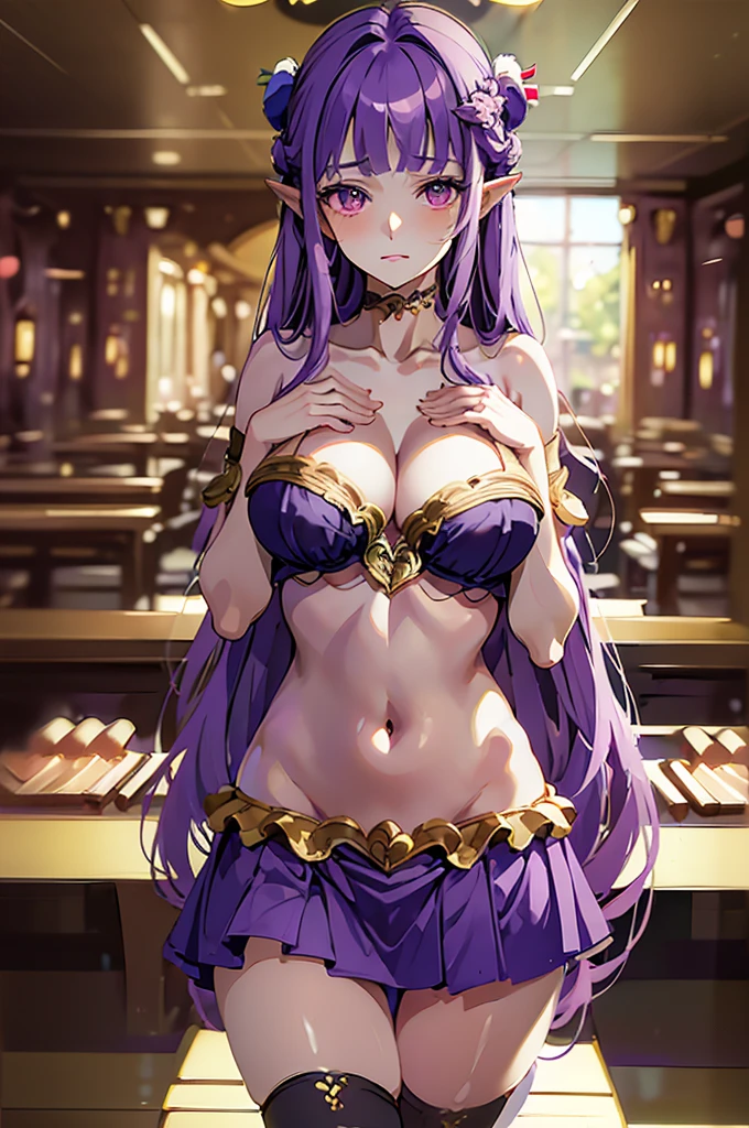 (masterpiece, best quality),best quality, (ultra-detailed), (4heads:1.4), 1girl, (patchouli knowledge:1.3), masterpiece, best quality, violet top, crop top, ((stomach)), midriff, ((groin)), violet skirt, normal ears, shackles, purple hair, very long hair, wavy hair, sidelocks, purple eyes, parted lips, single horn, sweat, cute, toned belly, hand on own chest, eyelashes, (23 year old woman:1.3), (masterpiece:1.4), (best quality:1.4), (beautiful detailed), extremely detailed CG, extremely delicate and beautiful, depth of field, (finely detailed face), (perfect details:1.1), (mature female:1.3), wide pelvis, slender, large veiny breast, 8k resolution, high quality, high definition, extremely detailed, masterpiece, best quality, purple hair, long hair, alluring presence, braid, short skirt, close up, big tits, young