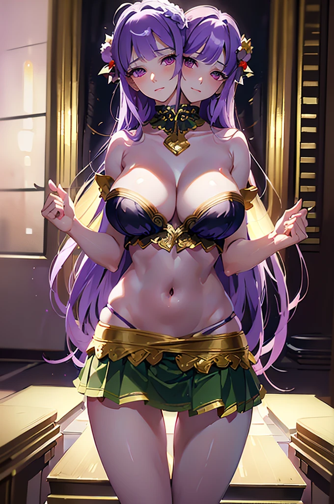 (masterpiece, best quality),best quality, (ultra-detailed), (4heads:1.4), 1girl, (patchouli knowledge:1.3), masterpiece, best quality, violet top, crop top, ((stomach)), midriff, ((groin)), violet skirt, normal ears, shackles, purple hair, very long hair, wavy hair, sidelocks, purple eyes, parted lips, single horn, sweat, cute, toned belly, hand on own chest, eyelashes, (23 year old woman:1.3), (masterpiece:1.4), (best quality:1.4), (beautiful detailed), extremely detailed CG, extremely delicate and beautiful, depth of field, (finely detailed face), (perfect details:1.1), (mature female:1.3), wide pelvis, slender, large veiny breast, 8k resolution, high quality, high definition, extremely detailed, masterpiece, best quality, purple hair, long hair, alluring presence, braid, short skirt, close up, big tits, young