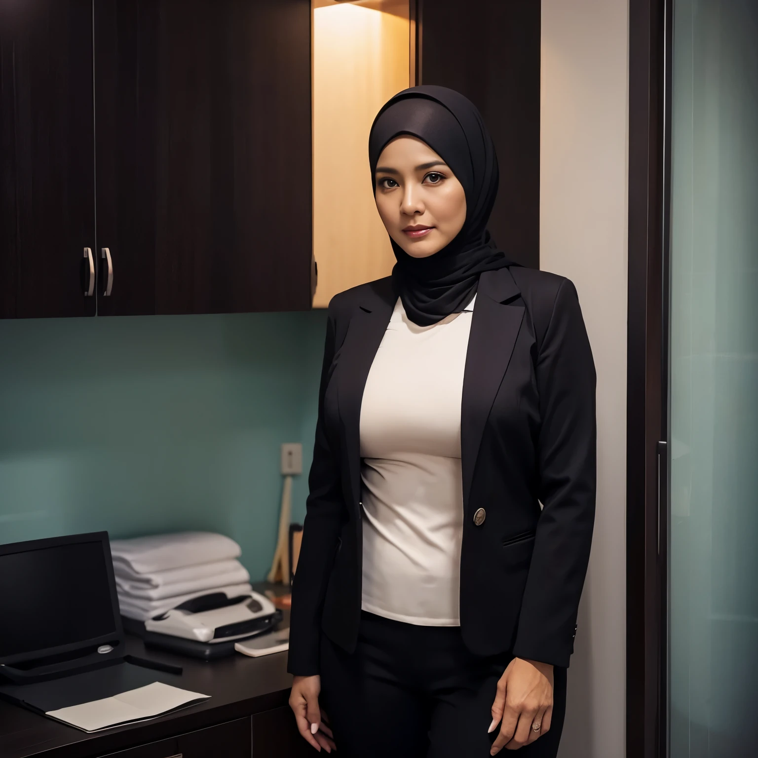 52 years Old, Hijab Indonesian mature woman, Extra Large Tits, Blazer, Slim body, at doctor office, Dark light, at Nighttime