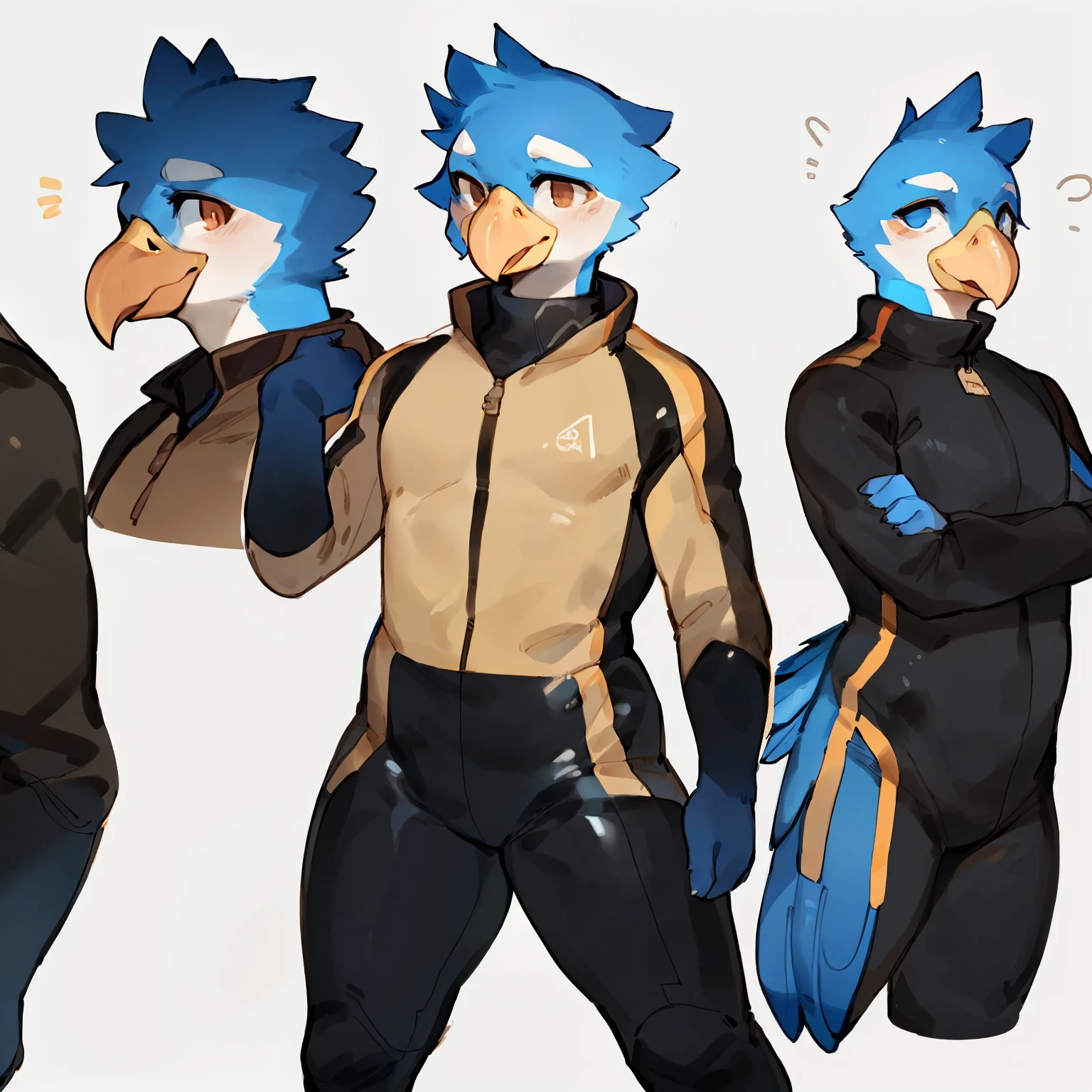 by bebebebebe, by goonie-san, by bigcozyorca, by buta99, solo, male, standing, ((hair, beak, bird, avian), tail, skintight spacesuit