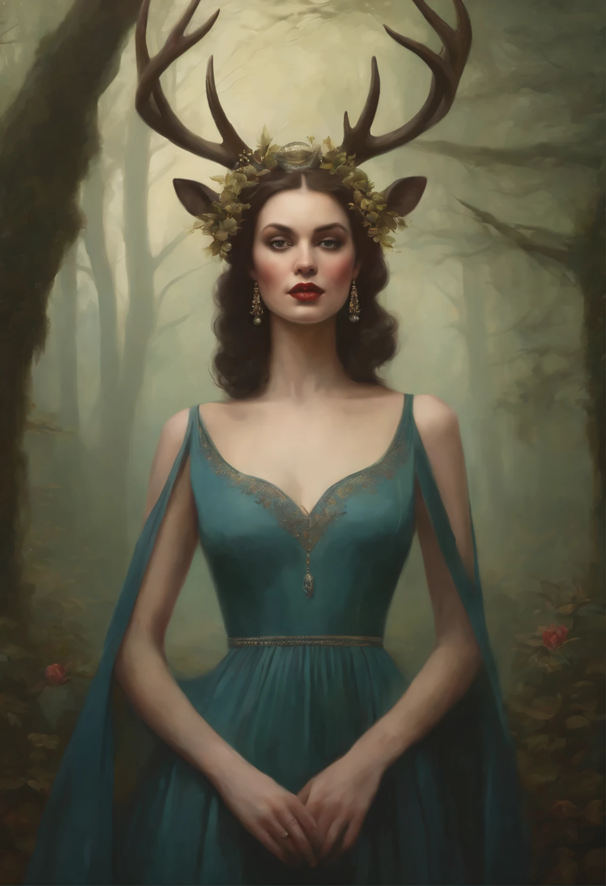 painting of a woman in a dress with a deer head on her head, Tom Bagshaw style, Tom Bagshaw artstyle, Tom Bagshaw inspired, style of Tom Bagshaw, Tom Bagshaw portrait, artstyle Tom Bagshaw, In the style of Anna Dittmann, art Tom Bagshaw, Tom Bagshaw. oil painting