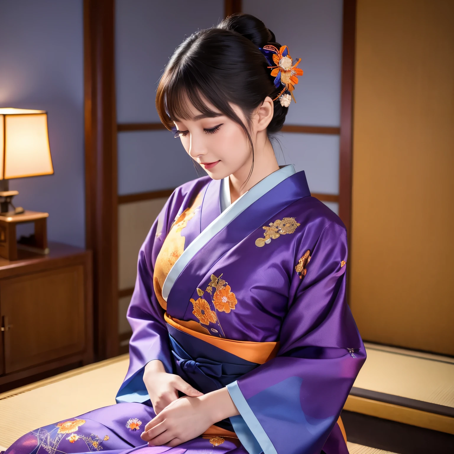 (top-quality、masutepiece、8K、Top image quality、Highly complex and detailed depictions)、a prostitute goddess、The ultimate luxury with everything you can imagine、(The most gorgeous pink and purple giant Chinese furisode:1.2)、(The most gorgeous and huge goddess long-sleeved kimono:1.1)、cleavage of the breast、(Surrounded by pink and purple curtains:1.3)、(The most luxurious and elaborately decorated curtains:1.2)、(The most detailed and complex texture:1.1)、Sitting on a big bed、(bed completely surrounded by curtains:1.3)、(Blurry distant view:1.3)、(Very romantic atmosphere:1.3)、(smile looking at me:1.2)、(Upper body photo:1.1)、Sit on the most gorgeous bed、artistic décor、(Strong moody lighting in one lamp:1.5)、(Light source is only one lamp:1.5)、Large amount of jewelry decoration、The most luxurious and huge tiara、Huge pink and purple furisode、Very complex decoration、royal、(accurate anatomy:1.2)、(Accurate and perfect sitting position:1.1)、big and nice bed、(Frontal close-up:1.1)、(Symmetrical composition:1.4)、(Sit facing the front:1.3)、(Front composition:1.4)、(Highly saturated:1.2)