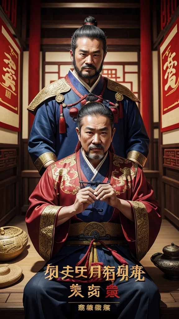 oriental、Middle-aged man wearing ancient Chinese clothes、ancient chinese hairstyle middle age、three kingdom、multiple warlords、top-quality、​masterpiece、超A high resolution、(Photorealsitic:1.4)、Game Posters、Inside the building、