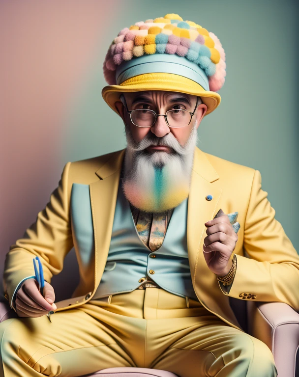 giraffe sitting in an armchair working on the computer dressed in a yellow suit and a colorful light Turkish hat, pompoms on the head and ears, with a blue background, Annabel Kidston, professional photo, A character portrait, Kitsch movement, Pastel colors